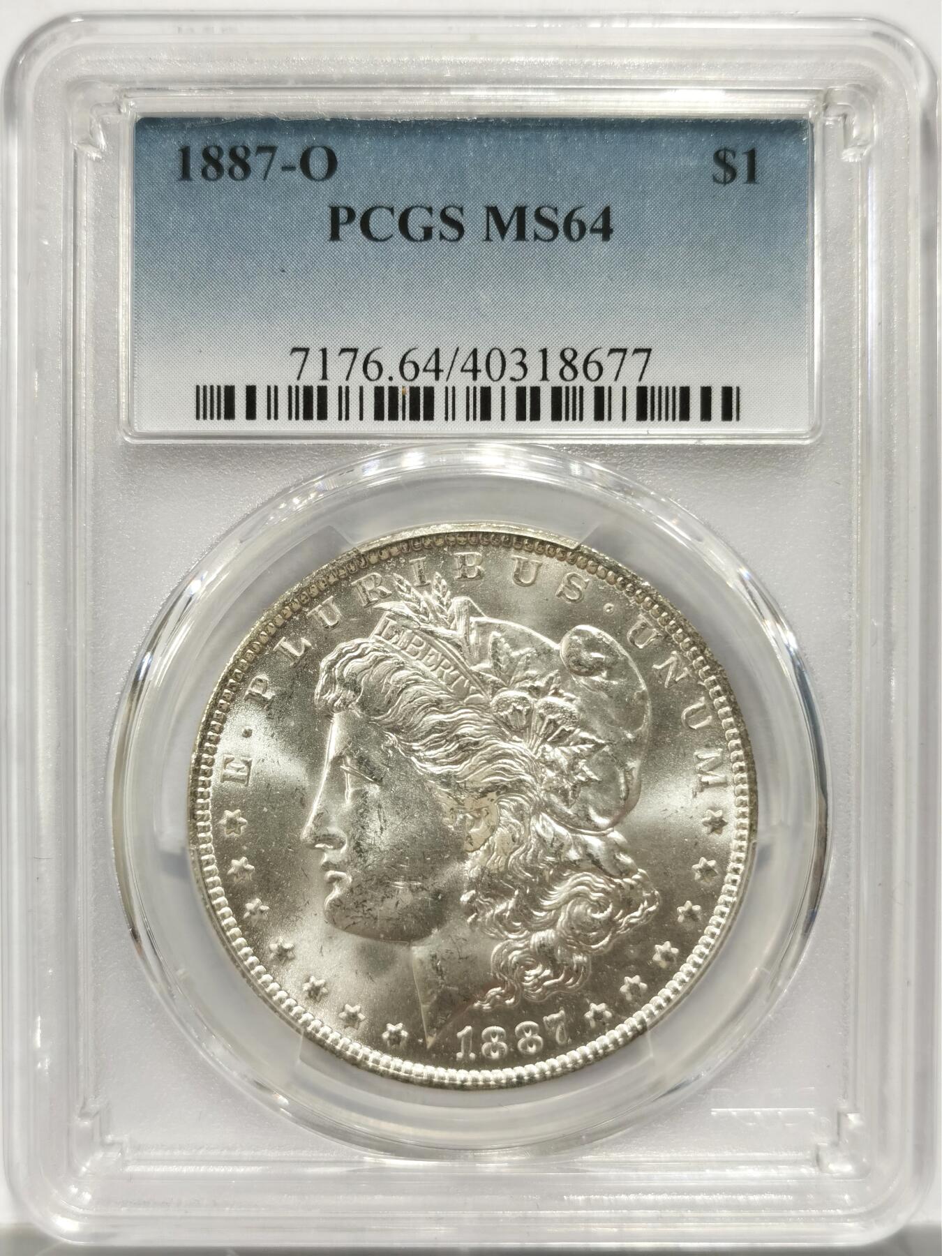 博洋堂藏家专场系列之美国钱币白金之夜专场②暨第152期（全场包邮）  PCGS MS64 美国1887 O 摩根 新奥尔良厂常见弱打 但此枚铸打深俊 转光犀利 此分数为价格分水岭 评级数仅为63分约一半 不可多得的藏品 PCGS指导价为4602RMB