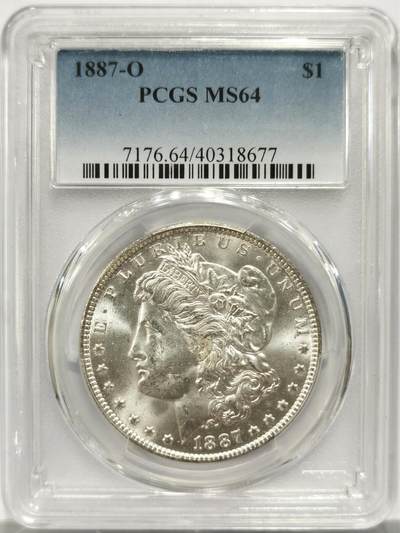博洋堂藏家专场系列之美国钱币白金之夜专场②暨第152期（全场包邮）  - PCGS MS64 美国1887 O 摩根 新奥尔良厂常见弱打 但此枚铸打深俊 转光犀利 此分数为价格分水岭 评级数仅为63分约一半 不可多得的藏品 PCGS指导价为4602RMB
