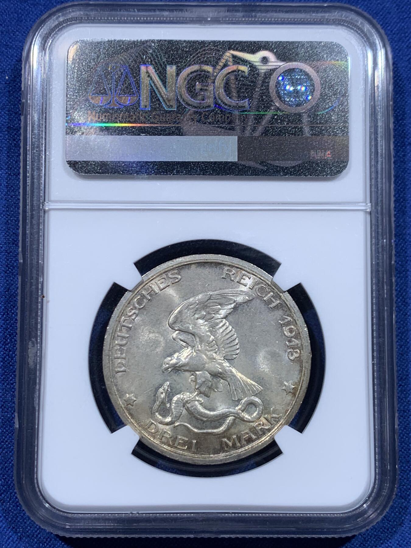 《竞宝斋》第446场 周日，周一，2场连拍 （全场包邮） NGC MS64 德国1913年普鲁士战胜拿破仑百年纪念3马克银币