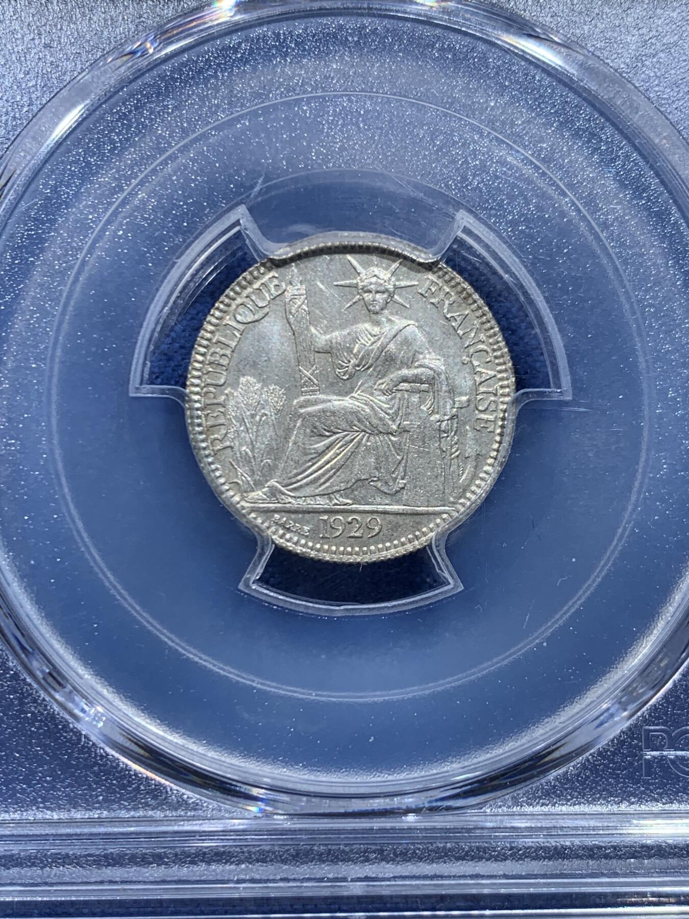 《竞宝斋》第446场 周日，周一，2场连拍 （全场包邮） PCGS MS64 法属印支1929年A版坐洋10分银币 高分原光