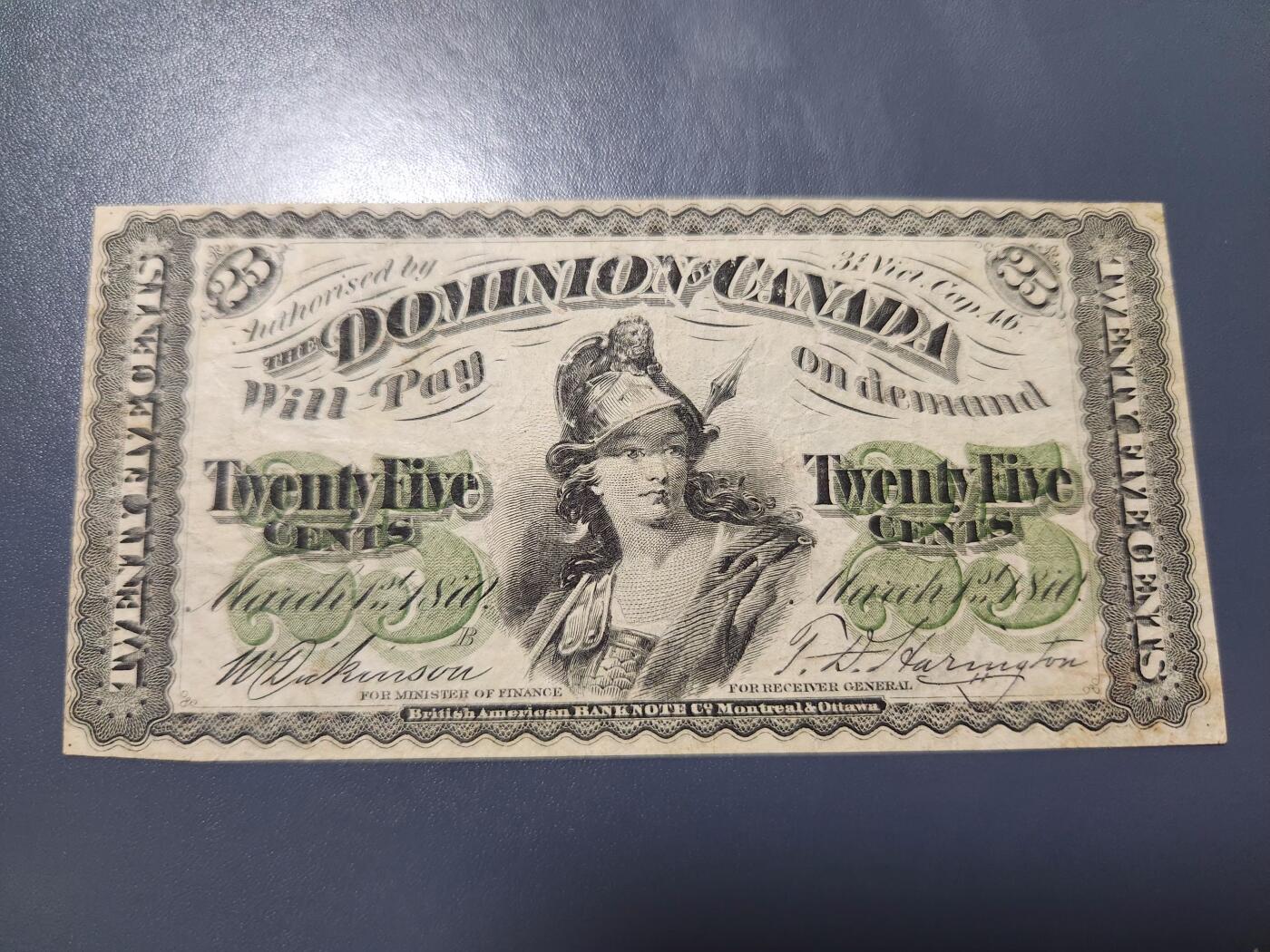 12月10号晚上8点 外国纸币自动截拍第71场 加拿大25分 1870年第一版 极美品