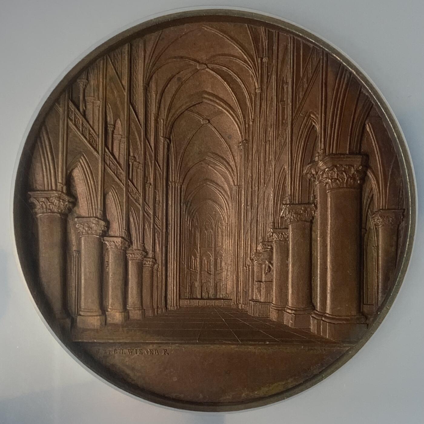 掌中浮雕-藏着的欧洲第045场 NGC MS62 : 1855年法国巴黎圣母院铜章 ,59mm，大师维纳教堂系列中稀少品种