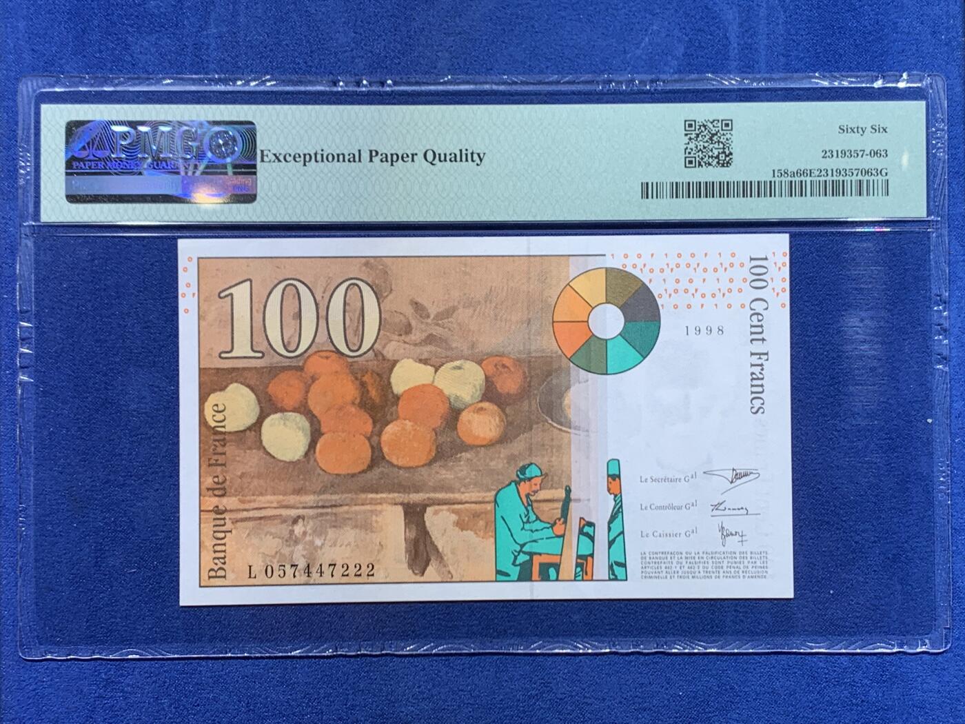 《竞宝斋》第446场 周日，周一，2场连拍 （全场包邮） PMG 66EPQ 法国 1997-98年100法郎 画家塞尚 豹子号