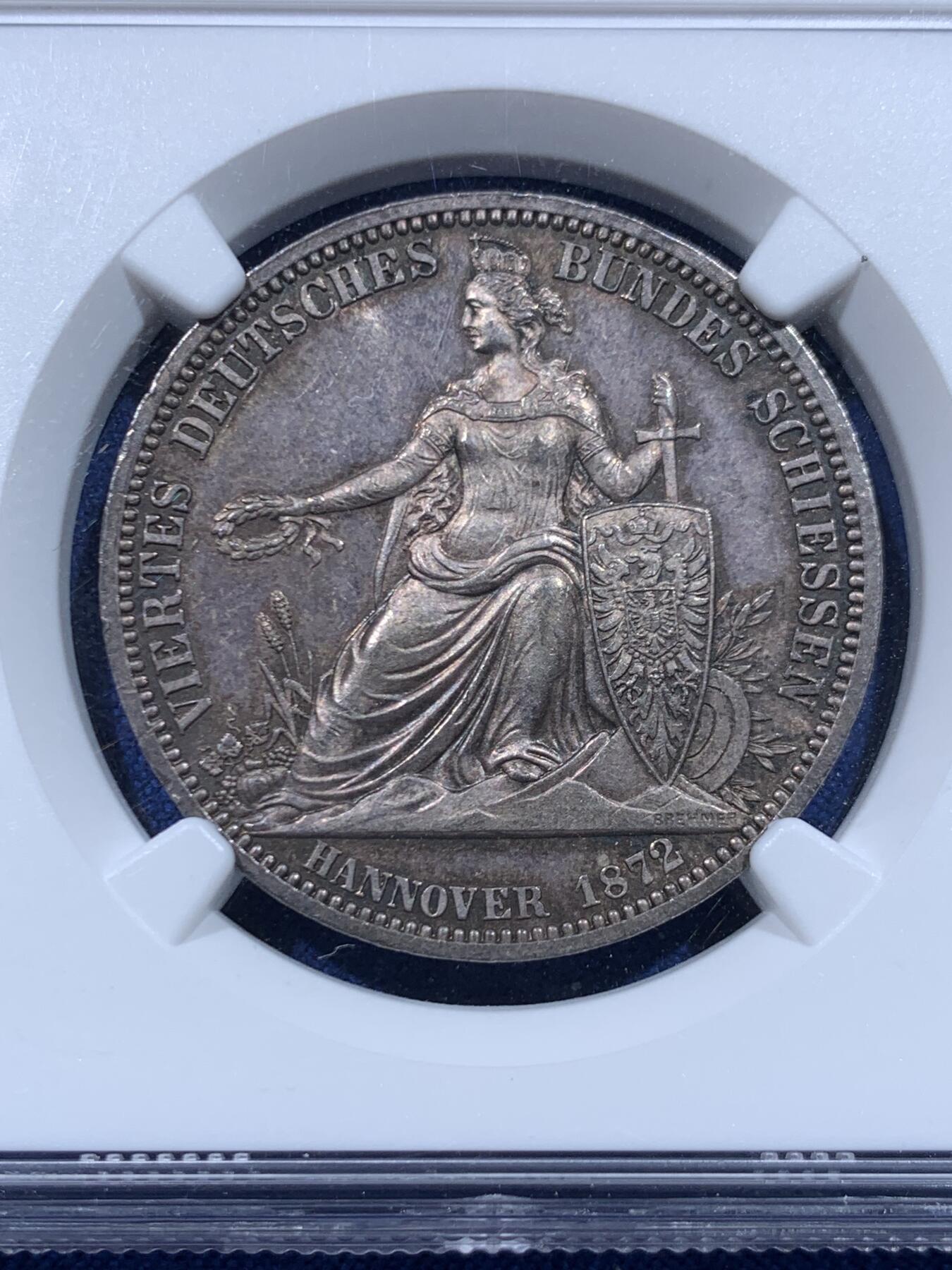 《竞宝斋》第446场 周日，周一，2场连拍 （全场包邮） NGC MS63 德国1872年汉诺威射击节女神泰勒章型银币 状态难得