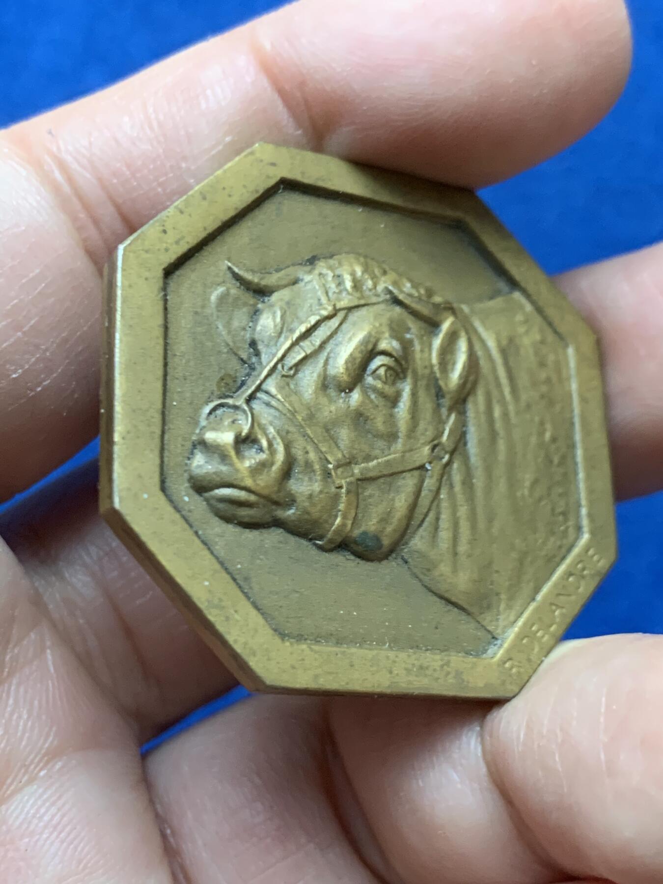 《竞宝斋》第446场 周日，周一，2场连拍 （全场包邮） 《西法兰西报》赠德朗德尔创作黄牛高浮雕八角纪念铜章 33.7克 38.2mm  丰饶角铜标