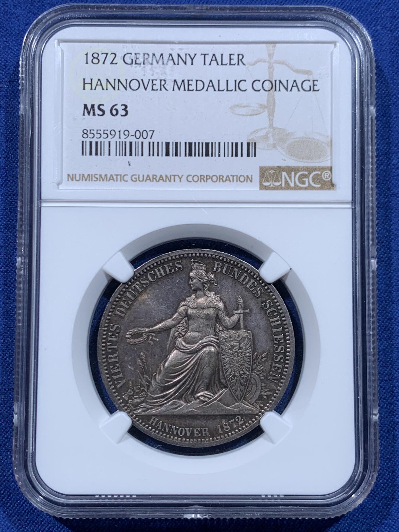 《竞宝斋》第446场 周日，周一，2场连拍 （全场包邮） NGC MS63 德国1872年汉诺威射击节女神泰勒章型银币 状态难得