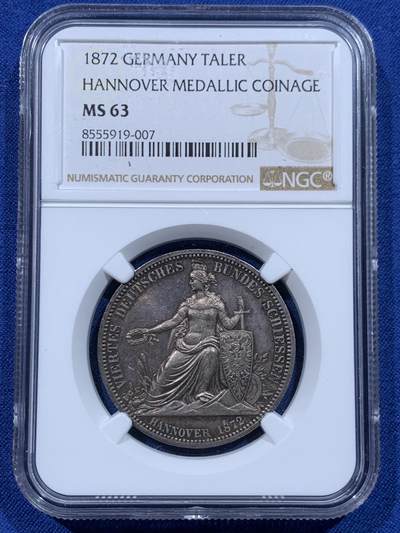 《竞宝斋》第446场 周日，周一，2场连拍 （全场包邮） - NGC MS63 德国1872年汉诺威射击节女神泰勒章型银币 状态难得