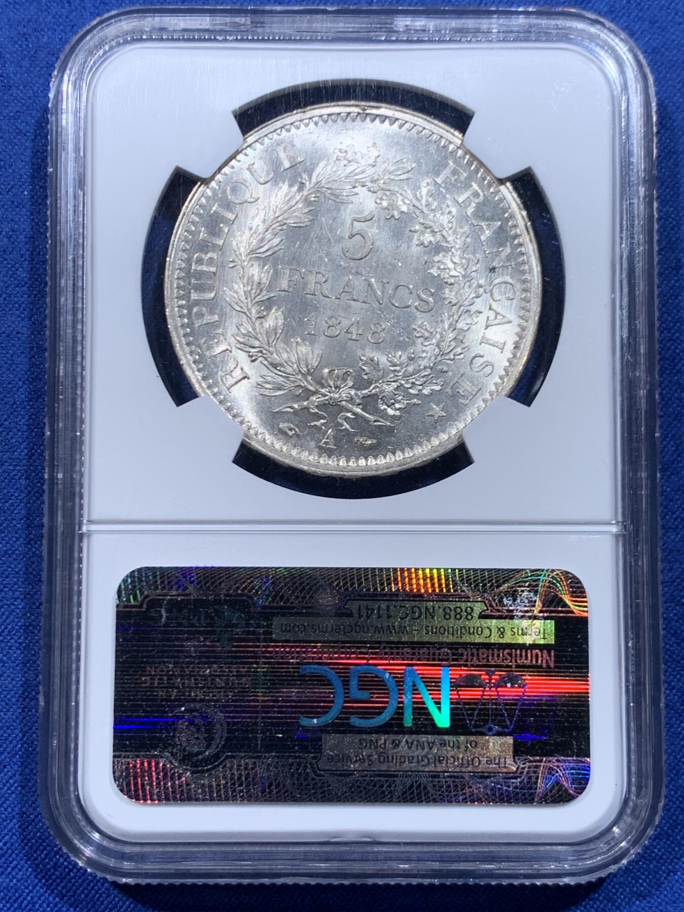 《竞宝斋》第446场 周日，周一，2场连拍 （全场包邮） NGC MS62 法国1848年A版大力神5法郎银币 经典小白盒 转光品相