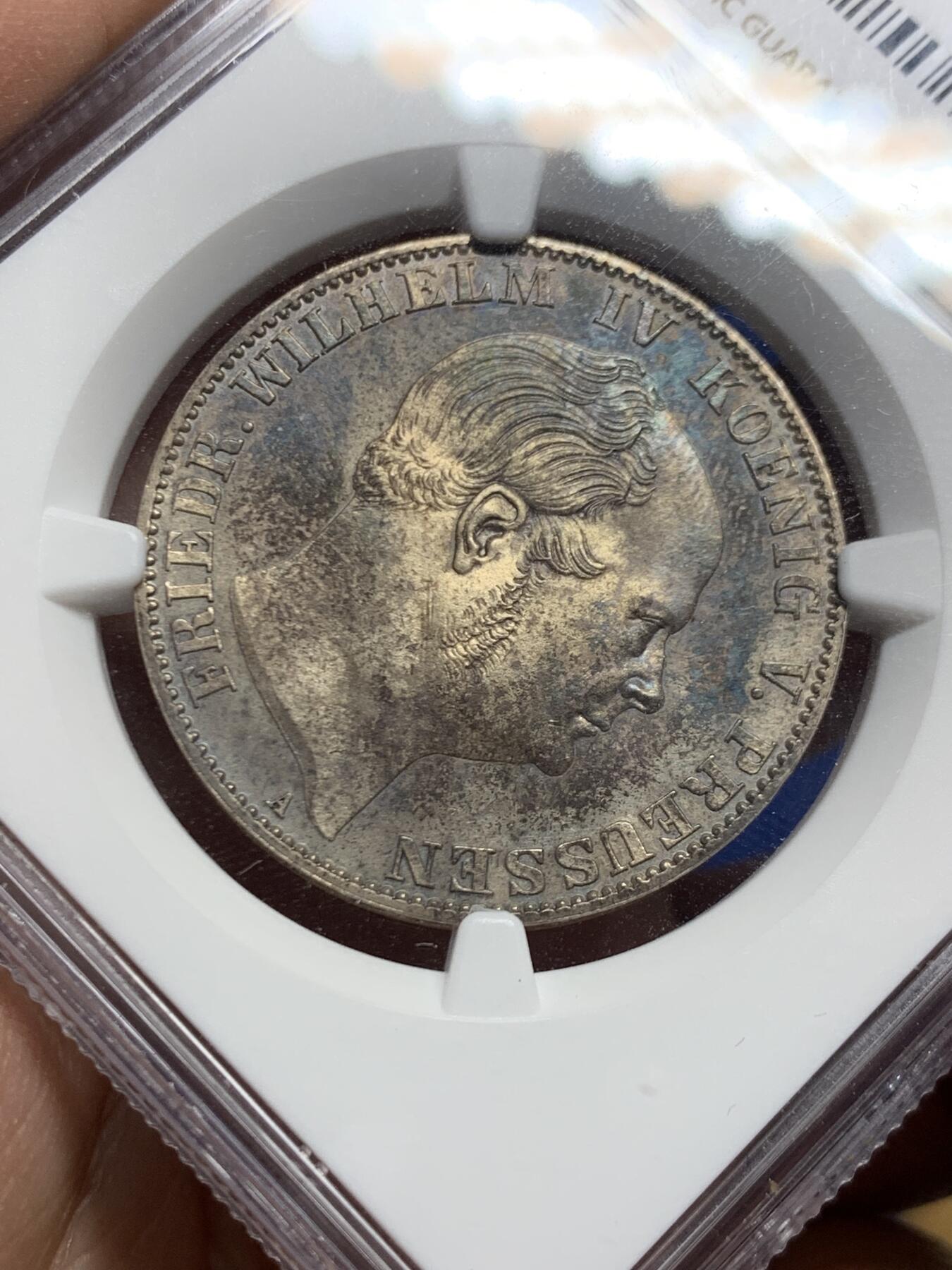 《竞宝斋》第446场 周日，周一，2场连拍 （全场包邮） NGC MS62 德国1861A普鲁士威廉四世-洋葱头1泰勒离冠鹰银币 季军分 好品