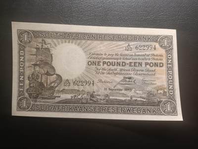 2025十二月第二期，总207期 - 南非1942年1镑UNC英文在前版本无47，大帆船和国徽，少见早期战时南非镑品种