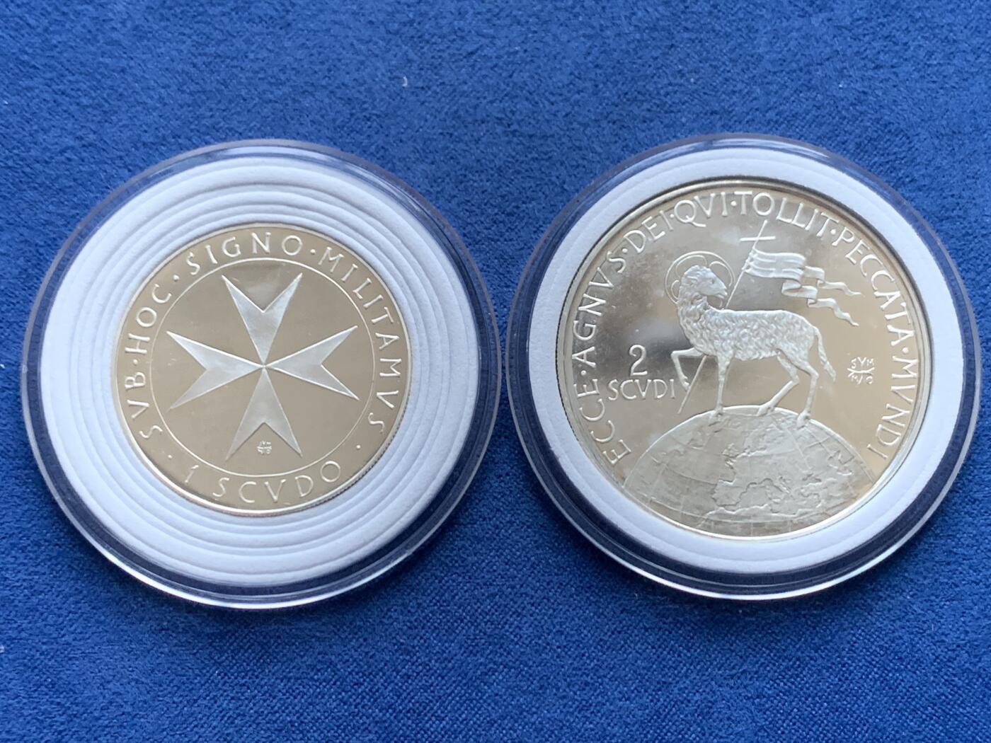 《竞宝斋》第446场 周日，周一，2场连拍 （全场包邮） 两枚一组 1972年马耳他骑士团（医院骑士团）精制银币 1斯库多（12克 30mm）+2斯库多（24克 39mm）986银