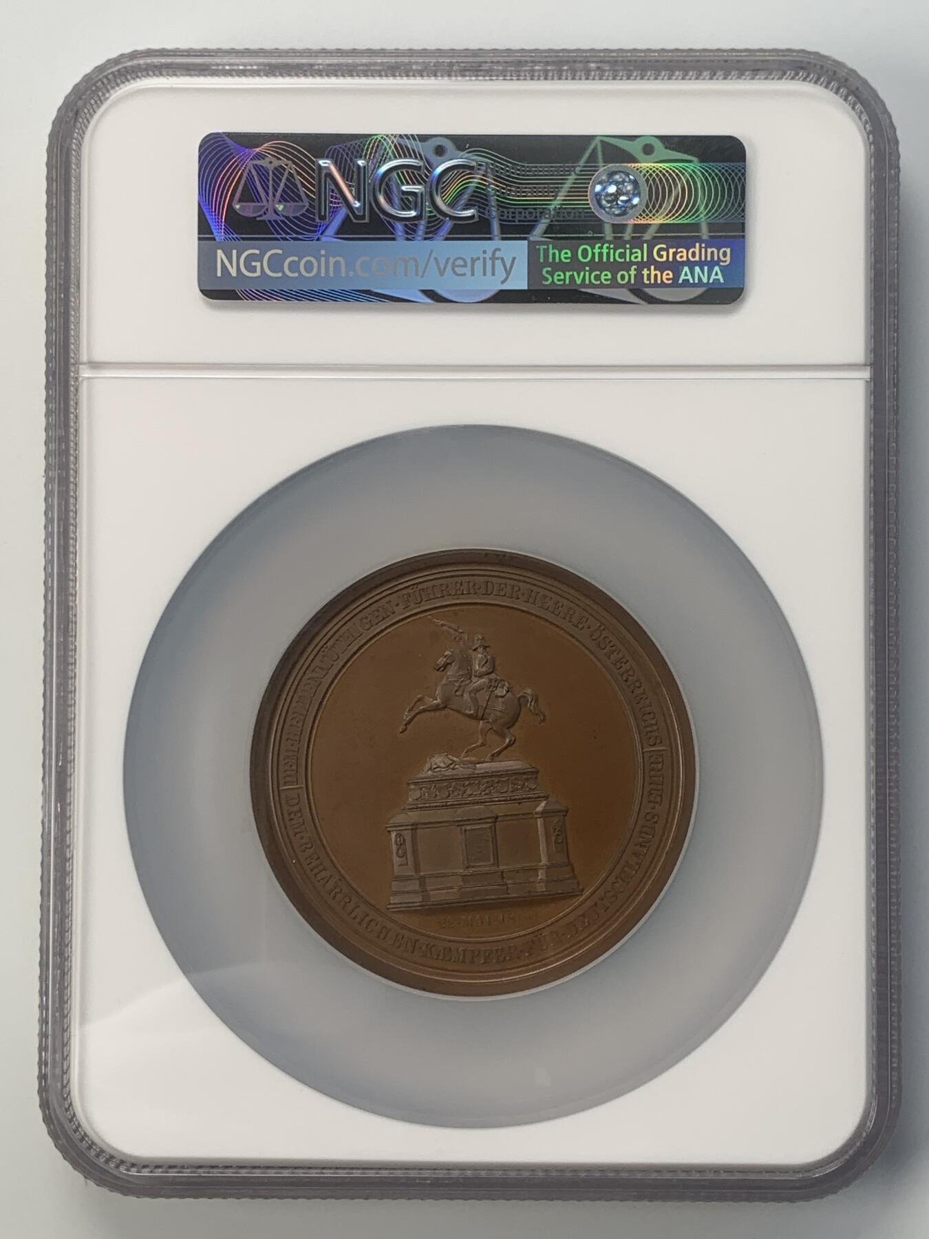 掌中浮雕-藏着的欧洲第045场 NGC MS64 : 1860年奥匈帝国卡尔大公纪念碑揭幕铜章，64mm