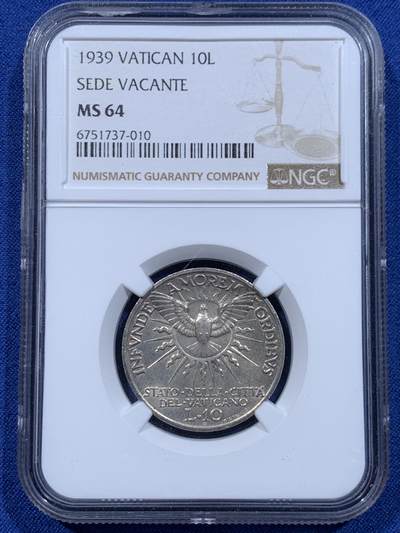 《竞宝斋》第446场 周日，周一，2场连拍 （全场包邮） - NGC MS64 梵蒂冈1939年教皇缺位10里拉银币 少见品种
