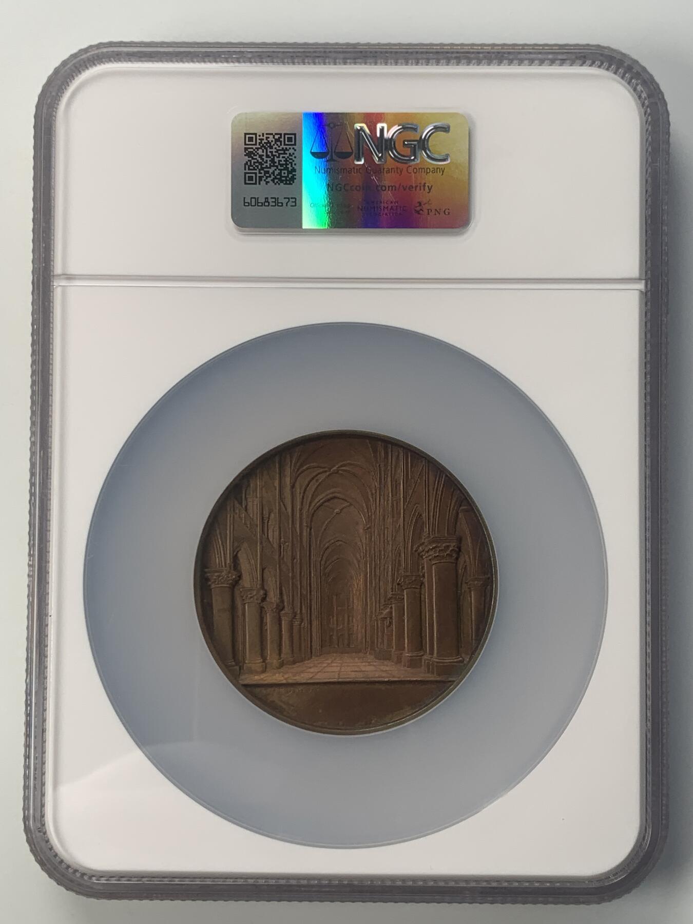 掌中浮雕-藏着的欧洲第045场 NGC MS62 : 1855年法国巴黎圣母院铜章 ,59mm，大师维纳教堂系列中稀少品种