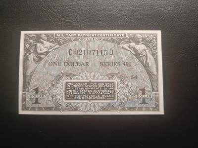 2025十二月第二期，总207期 - 美国1951版481系列军票1元AUNC，朝鲜战争时期用于军营内士兵日常支付所发行的军票，高于1美元面值因日常不常用少见