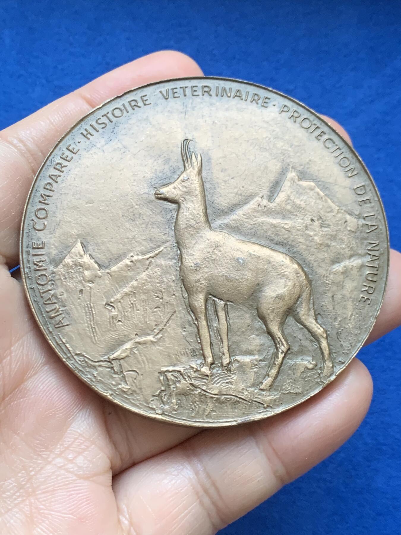 《竞宝斋》第446场 周日，周一，2场连拍 （全场包邮） 法国知名兽医大铜章 1971 丰饶角铜标 直径67.6mm 重量179.7g