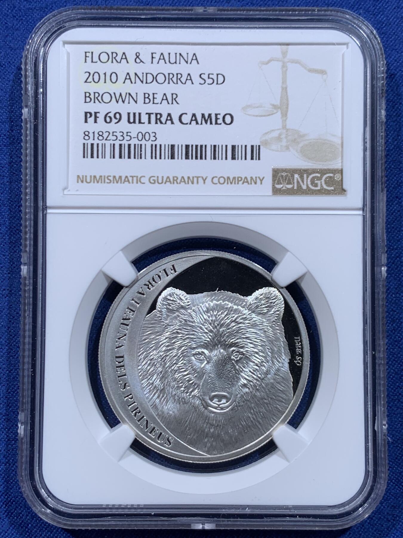 《竞宝斋》第446场 周日，周一，2场连拍 （全场包邮） NGC PF69UC 安道尔2010年棕熊5D银币 999银 重15.6克 发行量3000枚