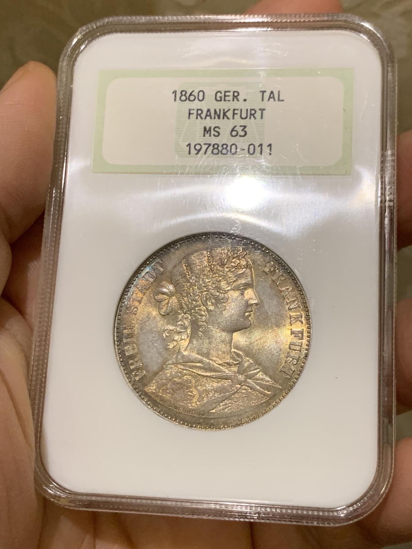 《竞宝斋》第446场 周日，周一，2场连拍 （全场包邮） NGC MS63 德国1860年法兰克福少女泰勒银币 季军分