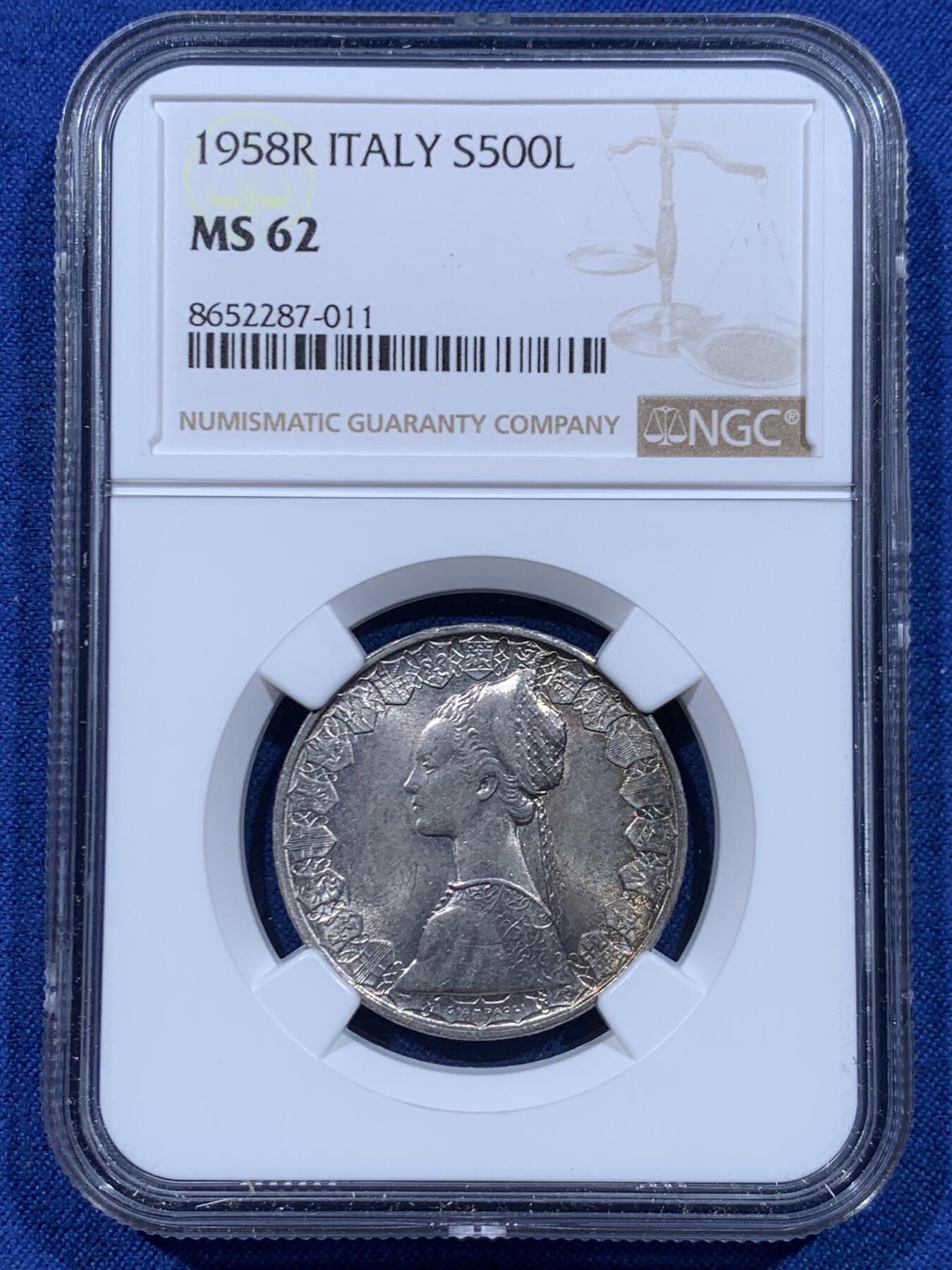 《竞宝斋》第446场 周日，周一，2场连拍 （全场包邮） NGC MS62 意大利1958年500里拉银币，该版500里拉首年份，经典人妻帆船设计，代表事业与爱情