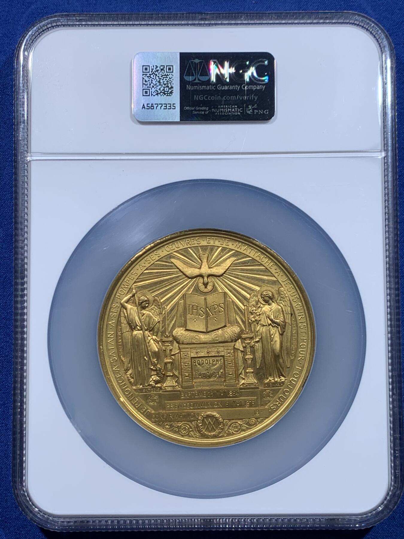 《竞宝斋》第446场 周日，周一，2场连拍 （全场包邮） NGC MS64 高分 法国1875年早期罕见镀金耶稣受洗礼，圣灵降临大铜章，镀金少见，金光闪闪，比起普通常见铜制款更为庄严绚丽，直径：69mm，加大加厚盒。