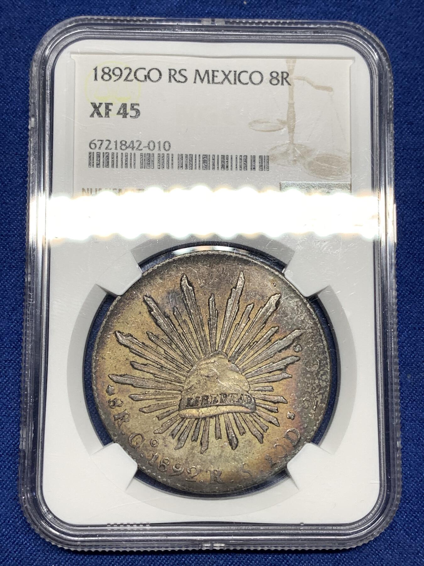 《竞宝斋》第446场 周日，周一，2场连拍 （全场包邮） NGC XF45 墨西哥 1892年 8瑞尔 花边鹰洋银币 老弄堂酱彩包浆 味道很好