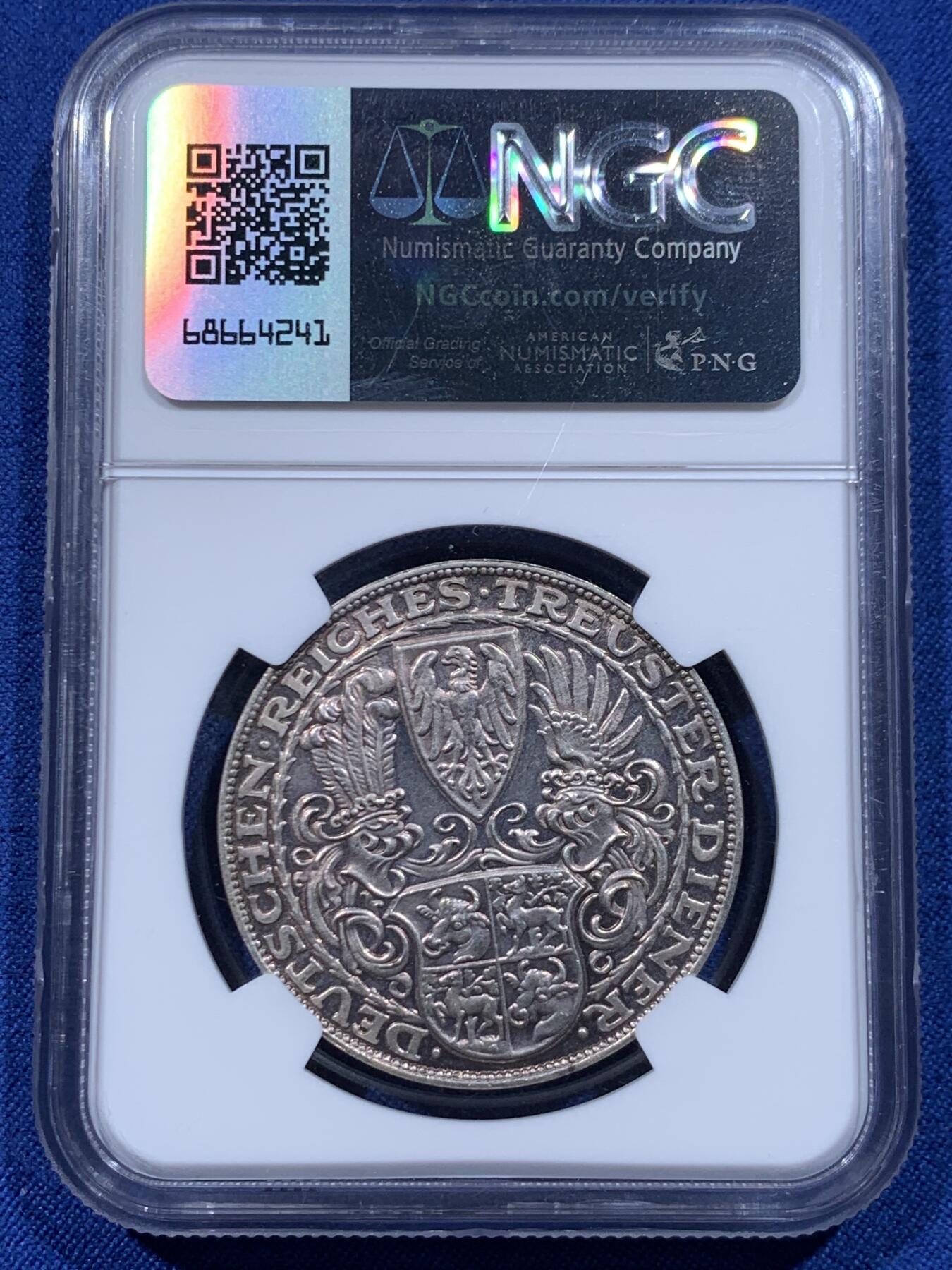 《竞宝斋》第446场 周日，周一，2场连拍 （全场包邮） NGC MS62 德国魏玛共和国1927年兴登堡总统80大寿5马克币章，卡尔哥茨作品，原味银霜感强