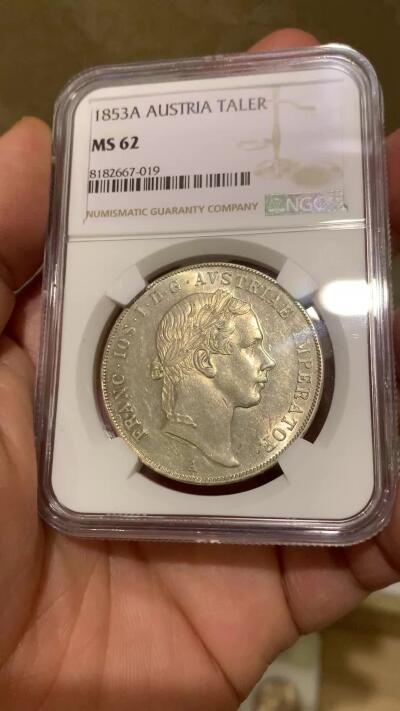 《竞宝斋》第446场 周日，周一，2场连拍 （全场包邮） NGC MS62 奥地利帝国1853年弗兰茨约瑟夫一世协议1泰勒 最稀少的头像版本 更高分只有4枚