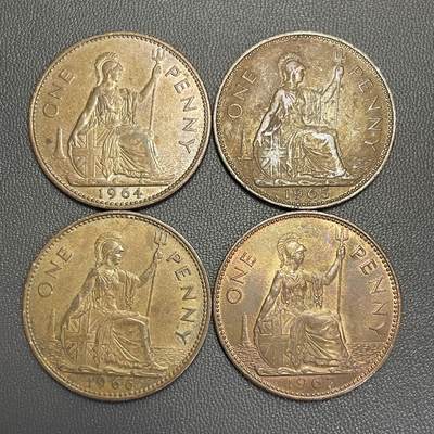 回流1208 - 英国1964-1967年1便士青铜币4枚 不列颠女神
