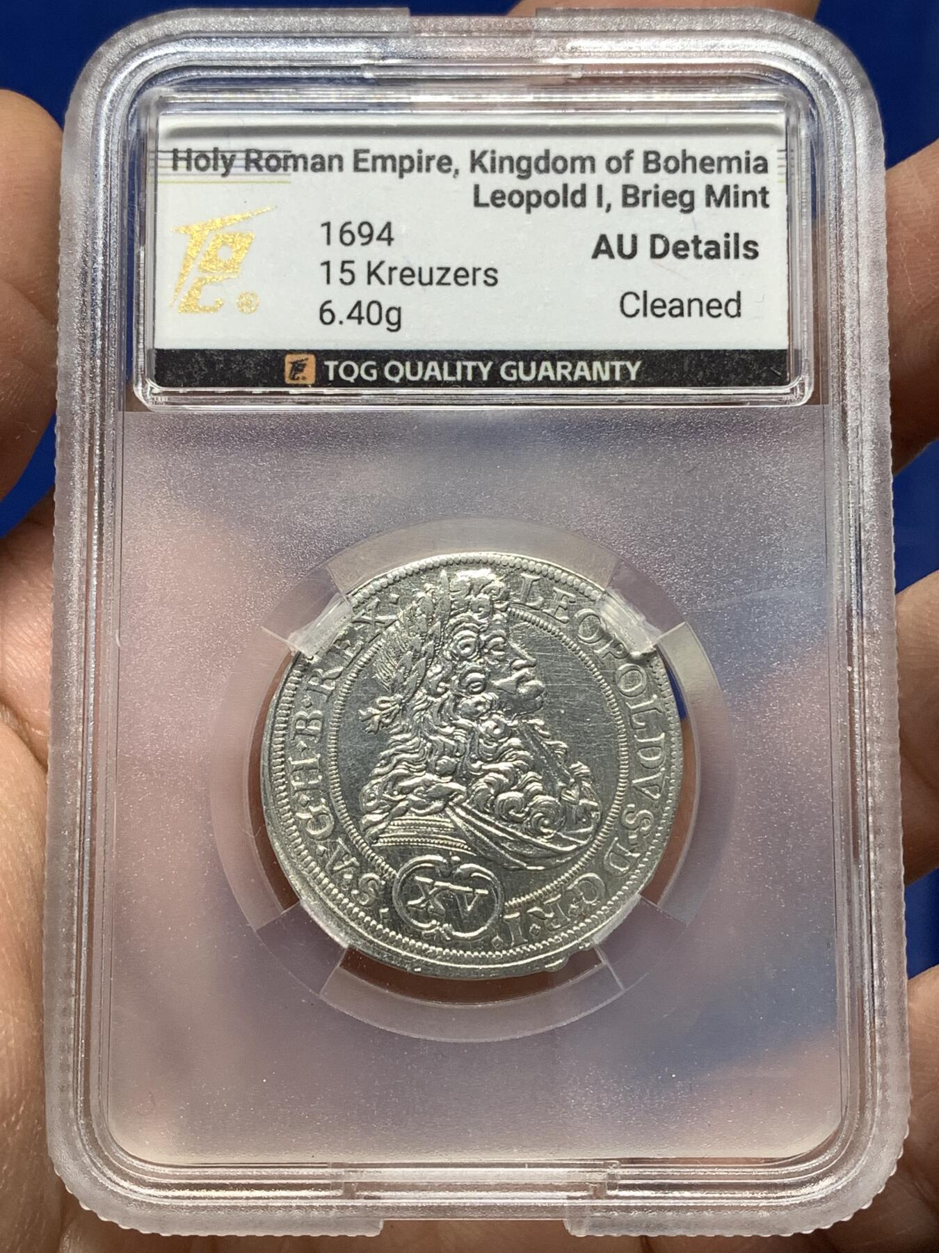 《竞宝斋》第446场 周日，周一，2场连拍 （全场包邮） TQG AUD 神圣罗马帝国 波希米亚王国 利奥波德一世 1694年 15克鲁泽打制银币 全深打 收藏一步到位 神罗币经典稀缺品种