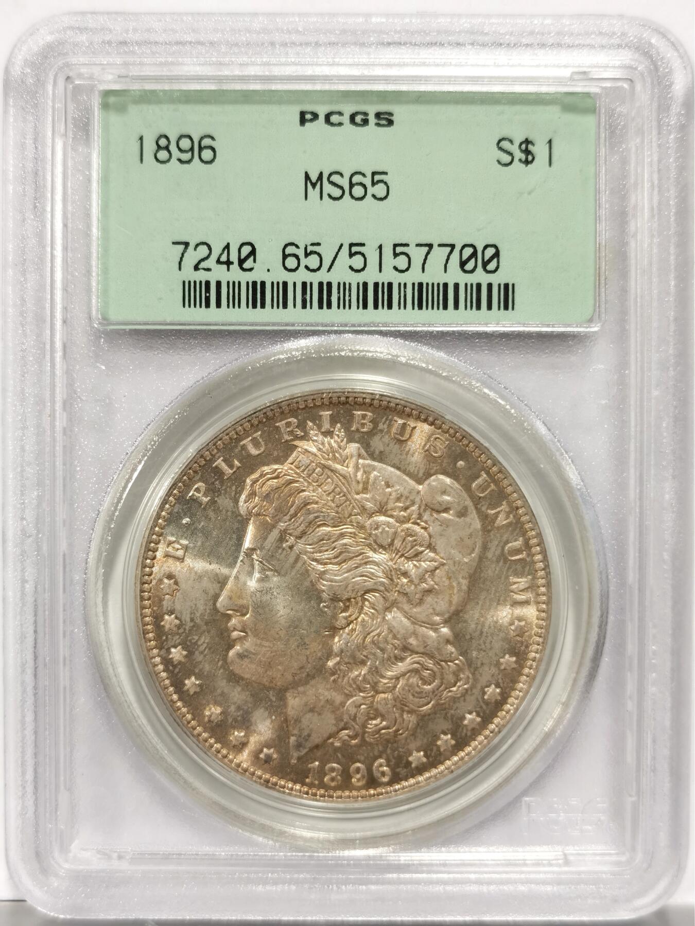 博洋堂藏家专场系列之美国钱币白金之夜专场②暨第152期（全场包邮）  PCGS MS65 美国1896 摩根 OGH 老绿盒 人像面老包浆 背面卡槽有一小缺