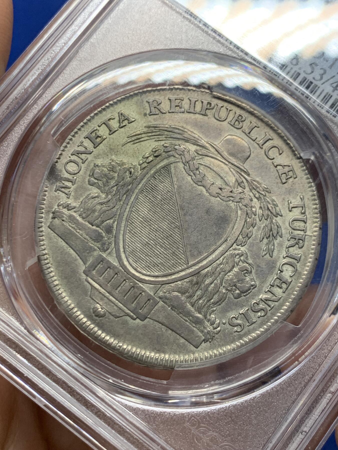 《竞宝斋》第446场 周日，周一，2场连拍 （全场包邮） PCGS AU53 瑞士1783年苏黎世双狮徽章1泰勒银币，原味状态稀少版本，克书XF标价625刀