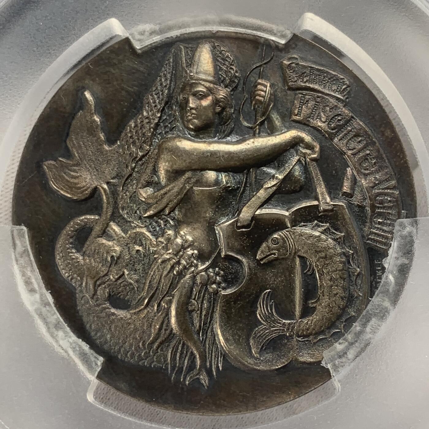 掌中浮雕-藏着的欧洲第045场 PCGS MS62 : 1894年瑞士钓鱼协会银章，55mm，图案精美