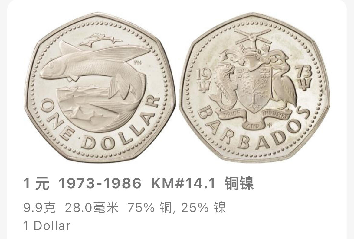 回流1215 巴巴多斯1973年1元 飞鱼