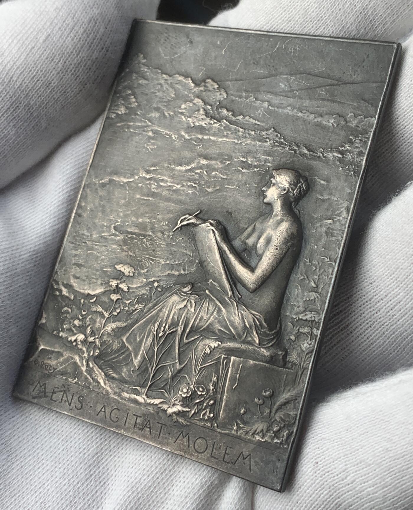 掌中浮雕-藏着的欧洲第045场 1880年法国装饰艺术联盟镀银铜章  ，67 X 47mm，章牌大师奥斯卡.罗蒂Oscar Roty（1846-1911）作品