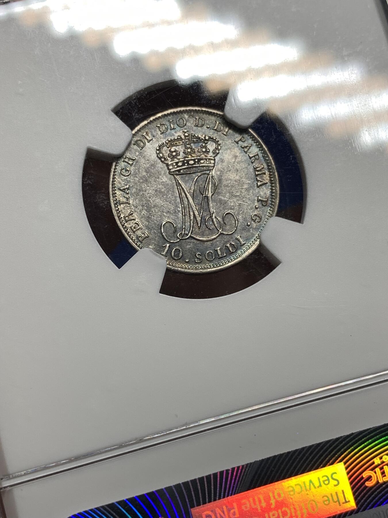 《竞宝斋》第446场 周日，周一，2场连拍 （全场包邮） NGC AU53 帕尔马公国 1815年 10索尔 银币 玛丽路易丝（拿皇妻子）在位时期发行 温润原光 细节极佳 已有淡彩包浆 拿系币必备 稀缺热门品种