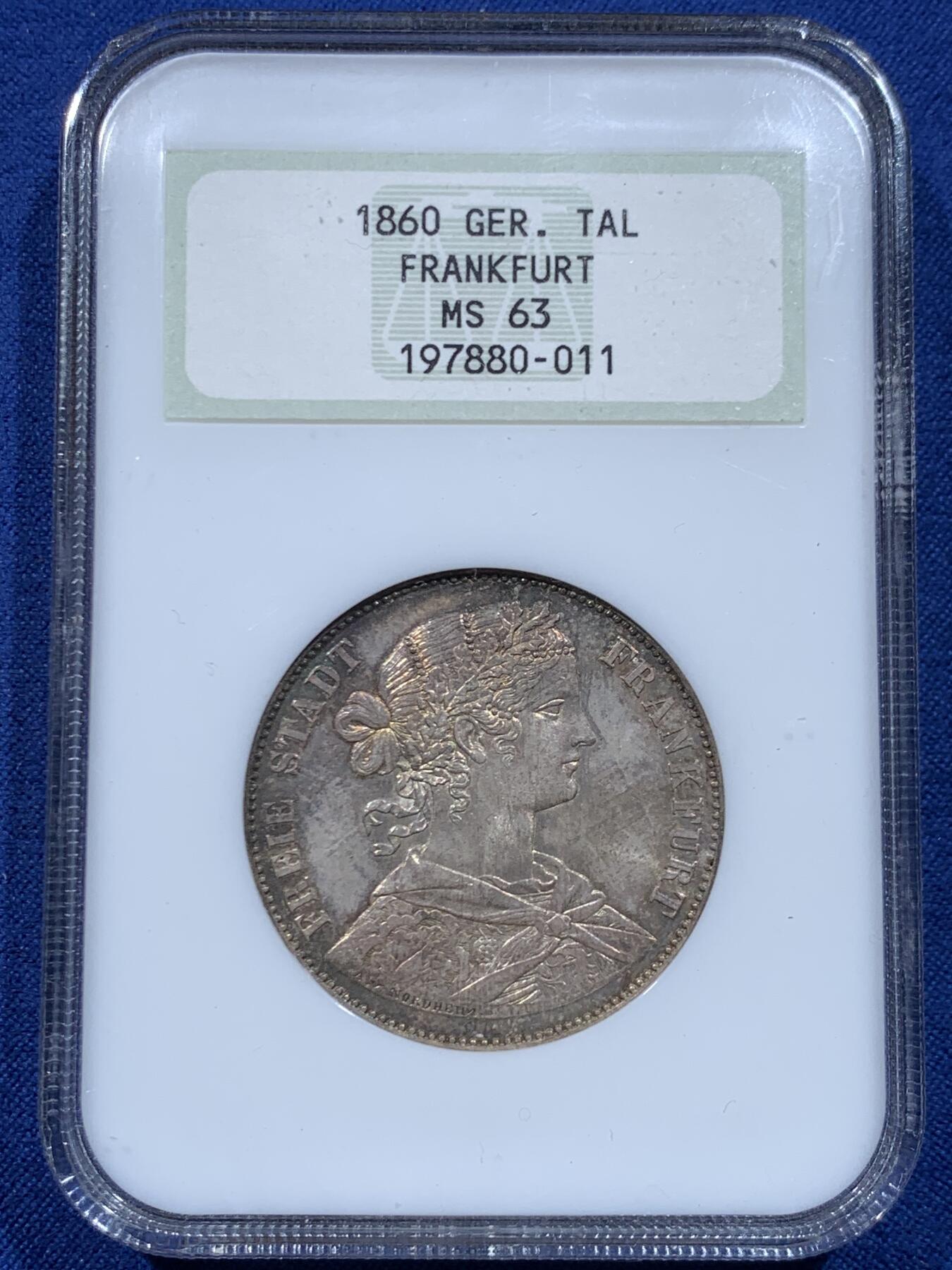 《竞宝斋》第446场 周日，周一，2场连拍 （全场包邮） NGC MS63 德国1860年法兰克福少女泰勒银币 季军分