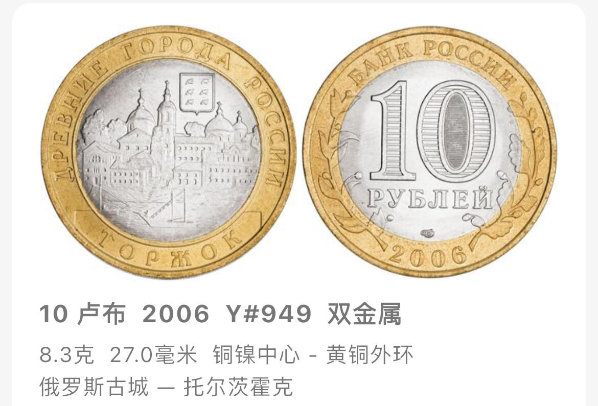 回流1208 俄罗斯2006年10卢布双色币 古城系列 托尔茨霍克