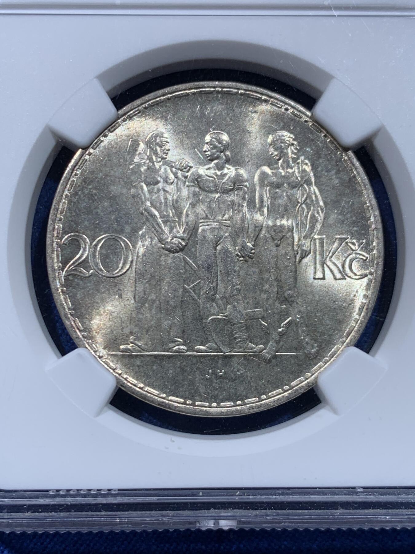 《竞宝斋》第446场 周日，周一，2场连拍 （全场包邮） NGC MS63 捷克斯洛伐克1933年20k 转光丝滑，值得入手。
