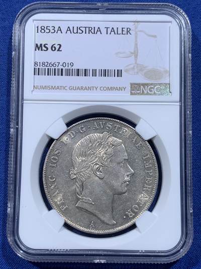 《竞宝斋》第446场 周日，周一，2场连拍 （全场包邮） - NGC MS62 奥地利帝国1853年弗兰茨约瑟夫一世协议1泰勒 最稀少的头像版本 更高分只有4枚