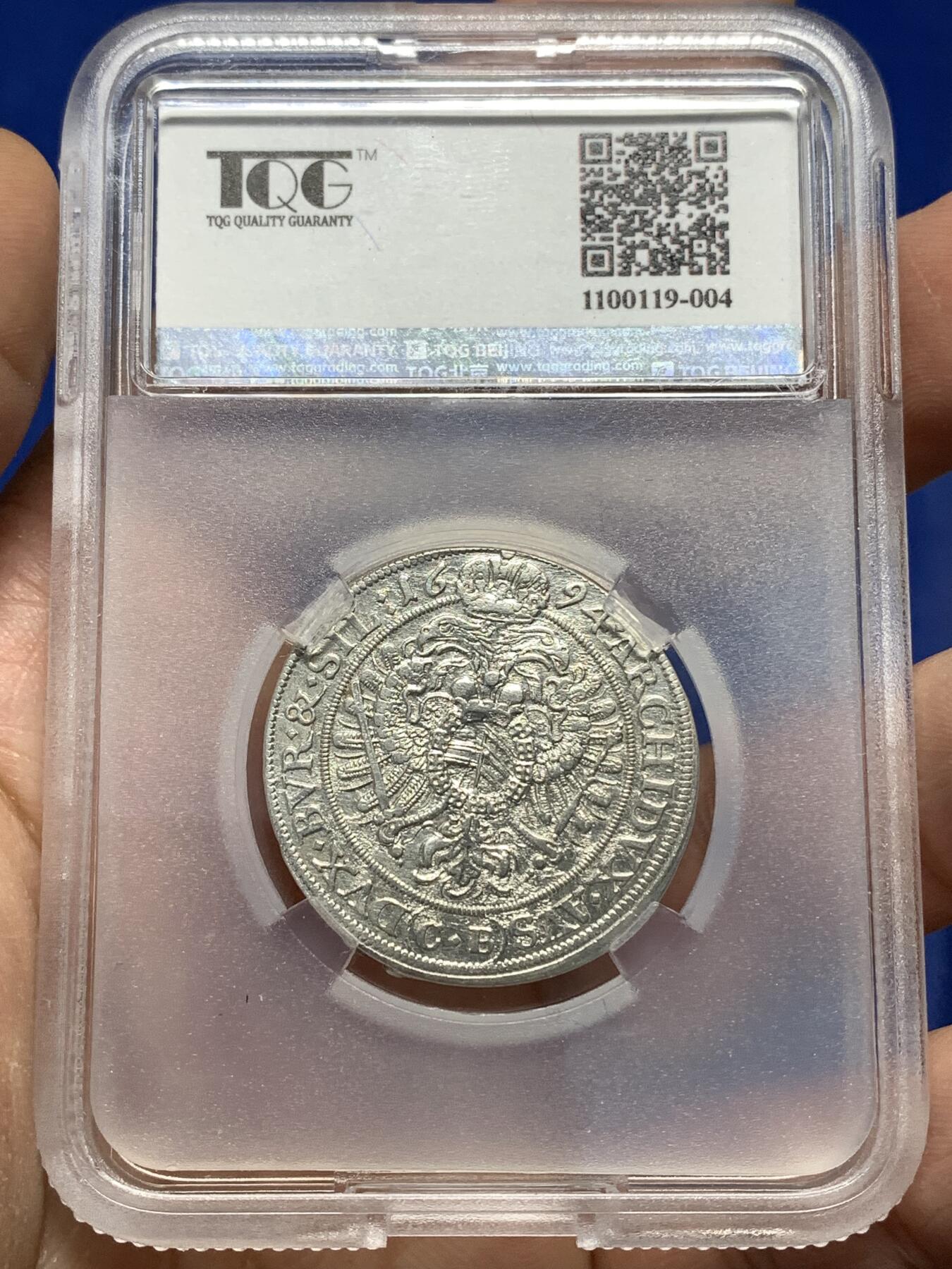 《竞宝斋》第446场 周日，周一，2场连拍 （全场包邮） TQG AUD 神圣罗马帝国 波希米亚王国 利奥波德一世 1694年 15克鲁泽打制银币 全深打 收藏一步到位 神罗币经典稀缺品种