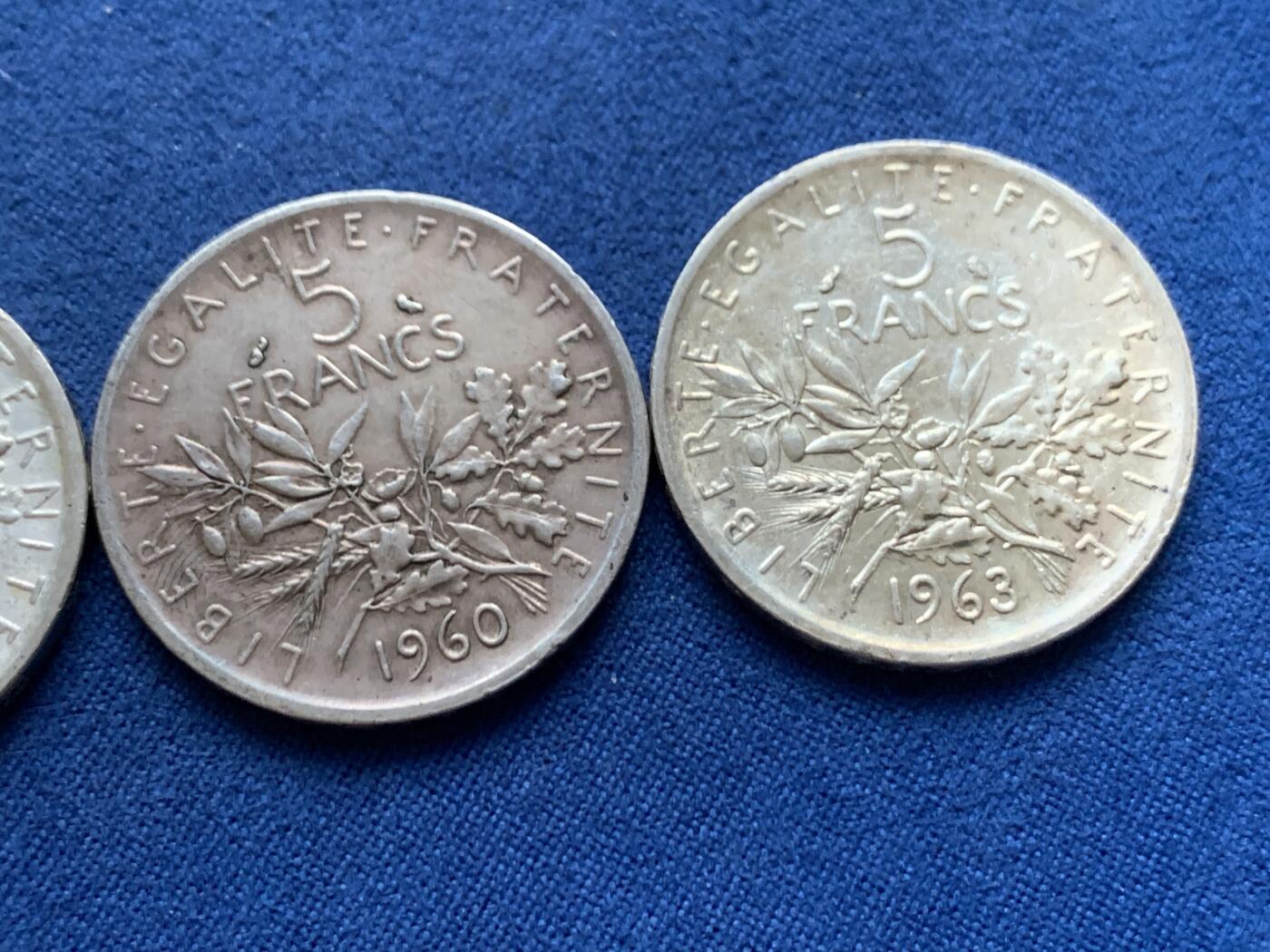 《竞宝斋》第446场 周日，周一，2场连拍 （全场包邮） 三枚一组 法国1960/1962/1963年播种女神5法郎银币 总重约36克