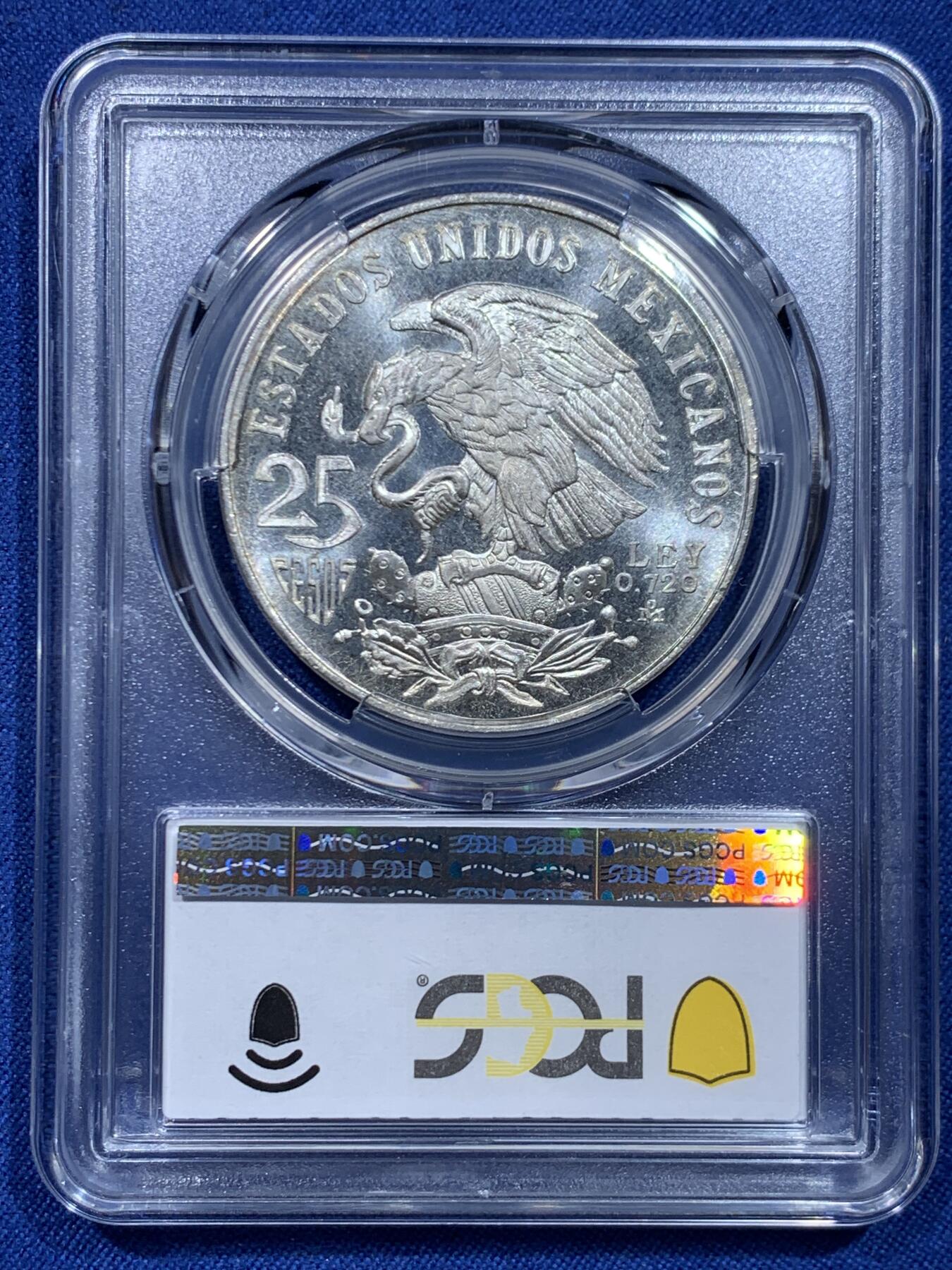 《竞宝斋》第446场 周日，周一，2场连拍 （全场包邮） PCGS MS65 墨西哥1968年25比索银币，奥运纪念经典品种卷拆品高分，两面爆光银光赏心悦目适合收藏