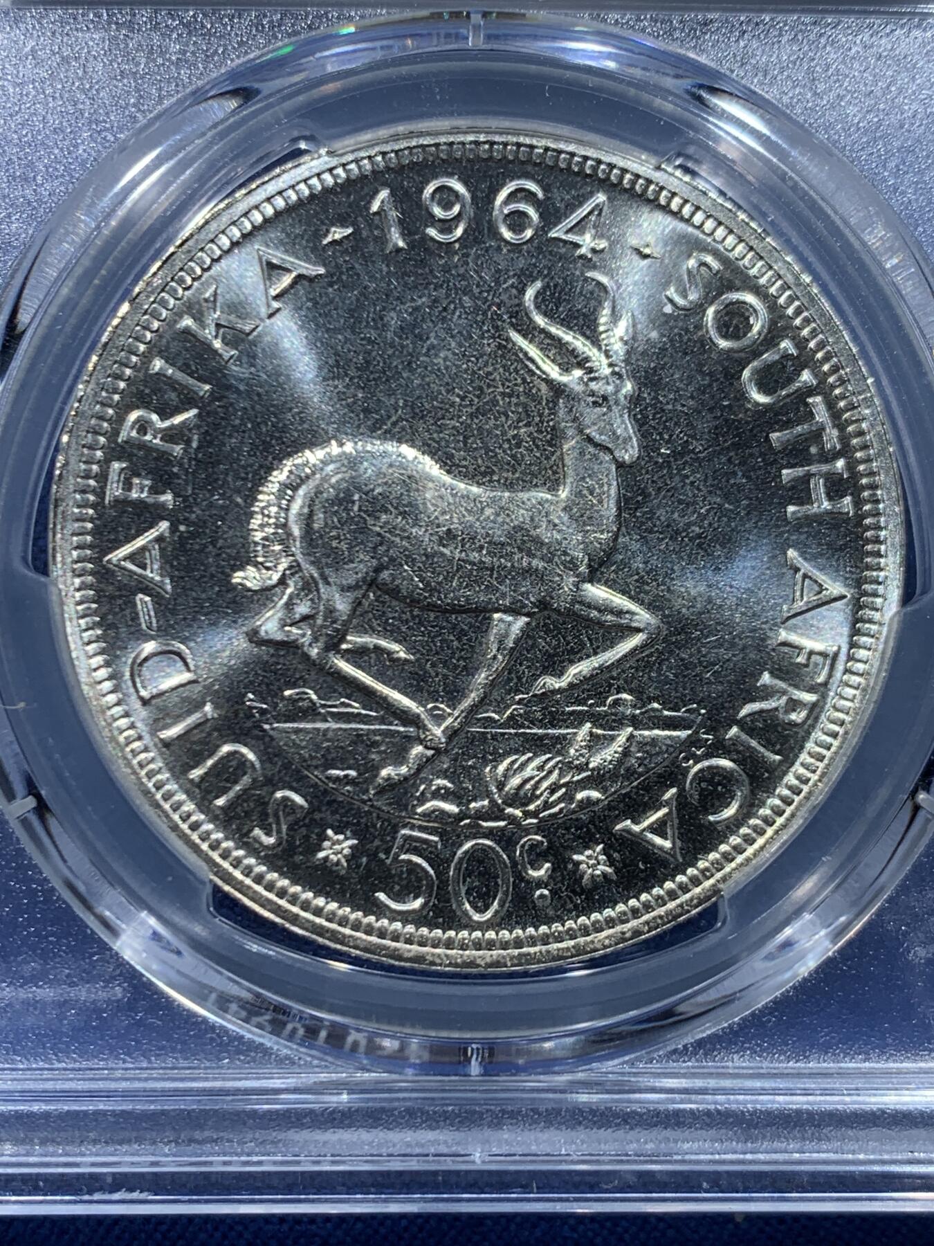 《竞宝斋》第446场 周日，周一，2场连拍 （全场包邮） PCGS PL66 南非1964年吕贝克跳羚羊50分银币，PL类精制，币面清爽干净又舒适，状态一流。
