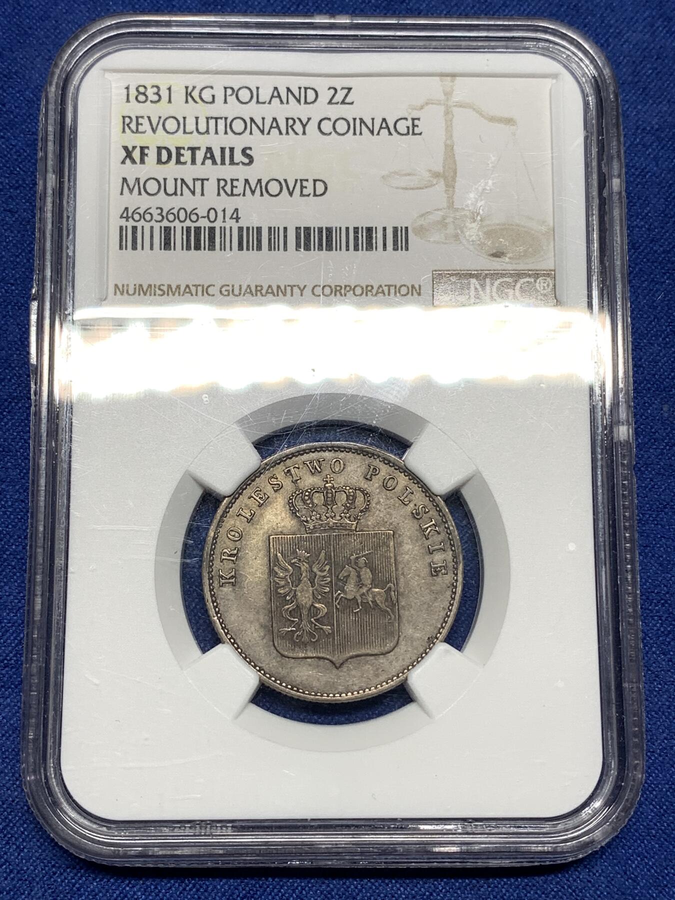 《竞宝斋》第446场 周日，周一，2场连拍 （全场包邮） NGC XFD 波兰革命政府 1831年 2兹罗提 银币 波兰在1830年起义（十一月起义）后曾短暂建立民族政府 直到1831年9月被沙俄镇压 该时期发行的钱币极为少见 克书参考价375美金（XF-40） 稀缺品种