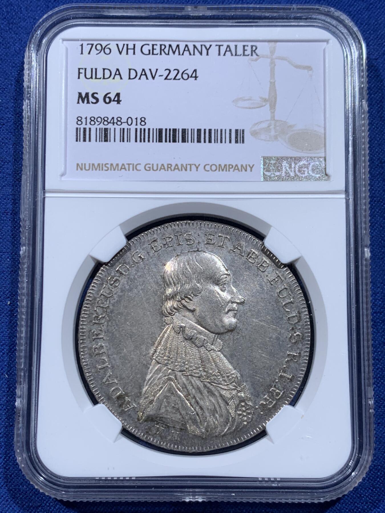 《竞宝斋》第446场 周日，周一，2场连拍 （全场包邮） 季军分 NGC MS64 德国 富尔达主教区 1796年 1泰勒大银币 少见泰勒版本 高点俱在 底板也很不错