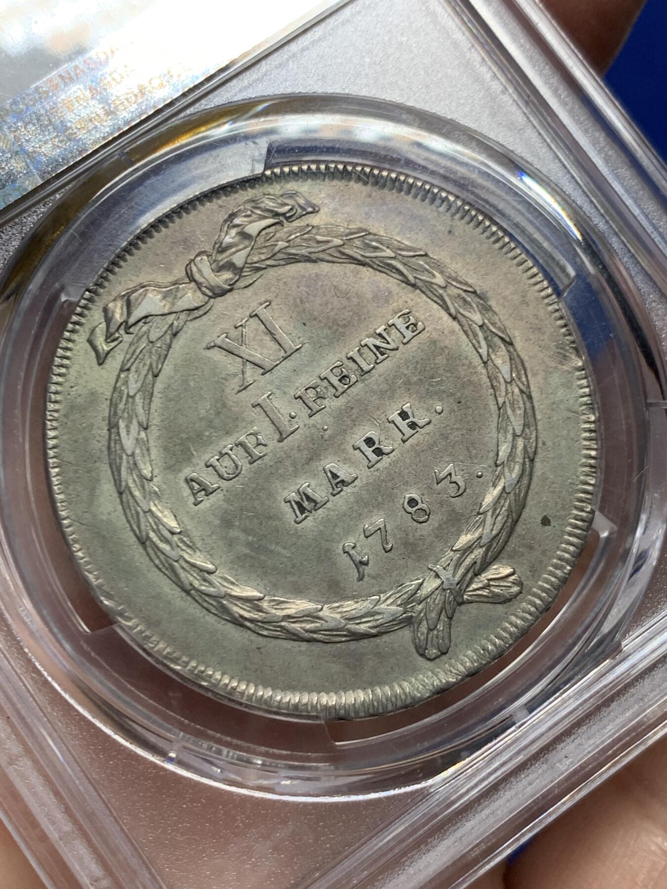 《竞宝斋》第446场 周日，周一，2场连拍 （全场包邮） PCGS AU53 瑞士1783年苏黎世双狮徽章1泰勒银币，原味状态稀少版本，克书XF标价625刀