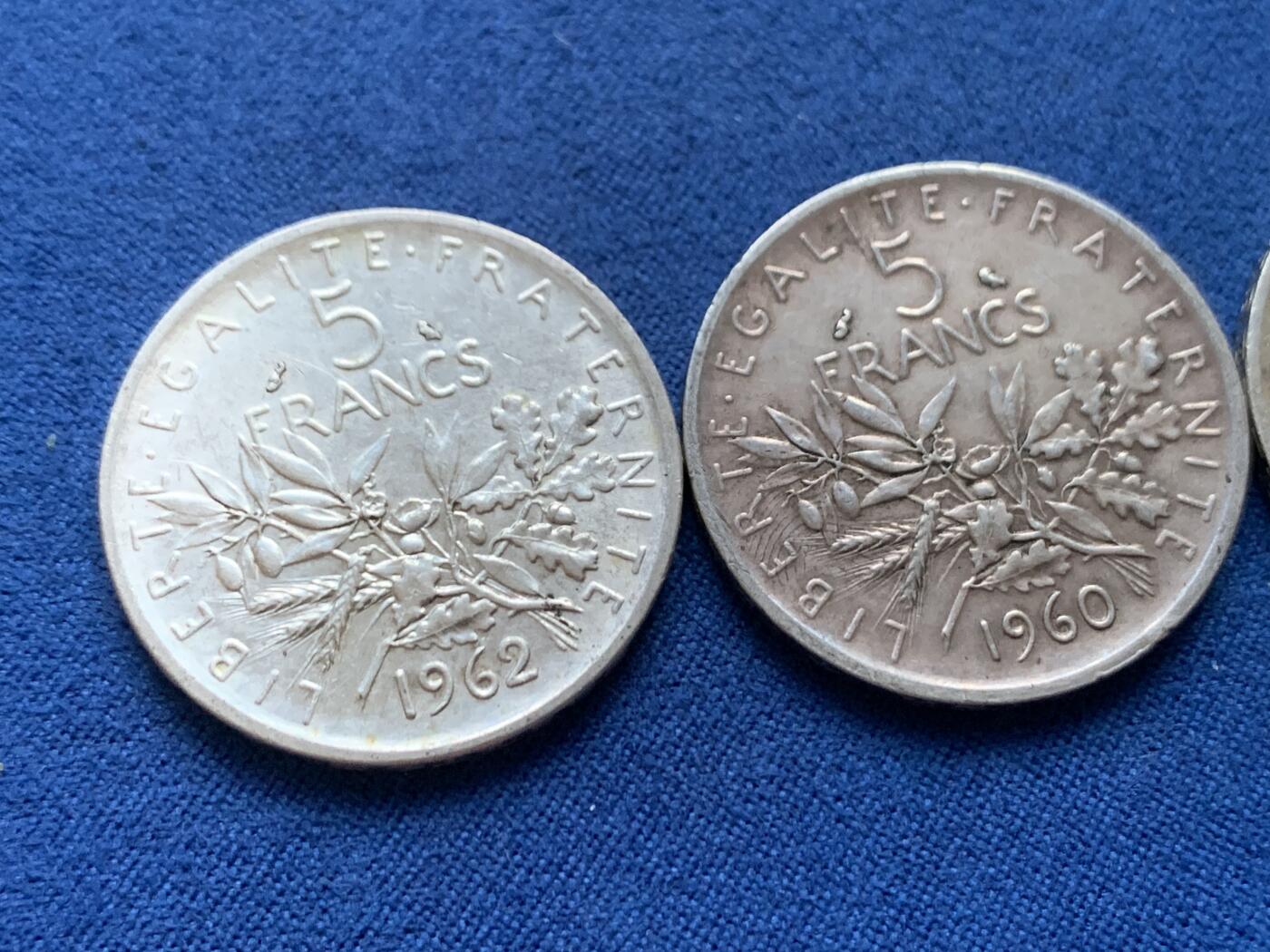 《竞宝斋》第446场 周日，周一，2场连拍 （全场包邮） 三枚一组 法国1960/1962/1963年播种女神5法郎银币 总重约36克
