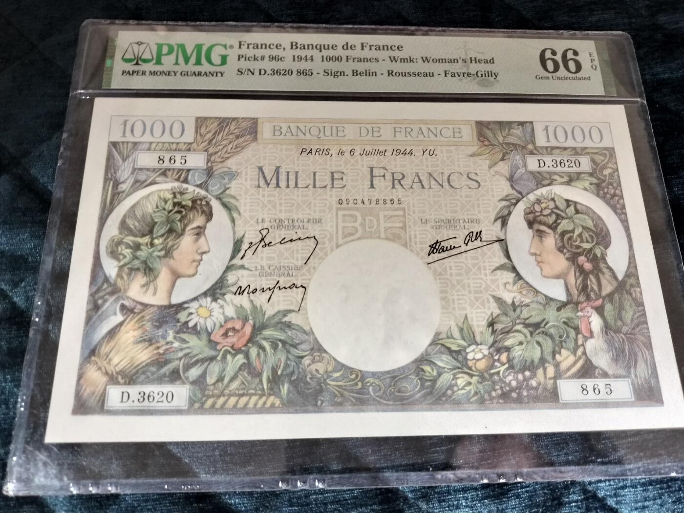 【礼羽收藏】🌏世界钱币拍卖第115期 法国1944年1000法郎纸币，PMG评级66EPQ，高分全新未流通，编号D.3620，美女头像设计，收藏价值高。品相完美，无针眼，真品保证。