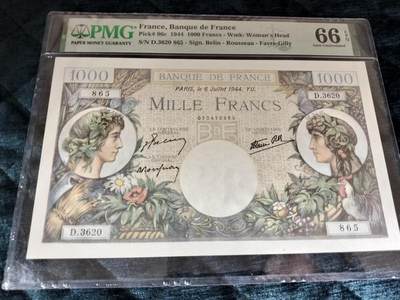 【礼羽收藏】🌏世界钱币拍卖第115期 - 法国1944年1000法郎纸币，PMG评级66EPQ，高分全新未流通，编号D.3620，美女头像设计，收藏价值高。品相完美，无针眼，真品保证。
