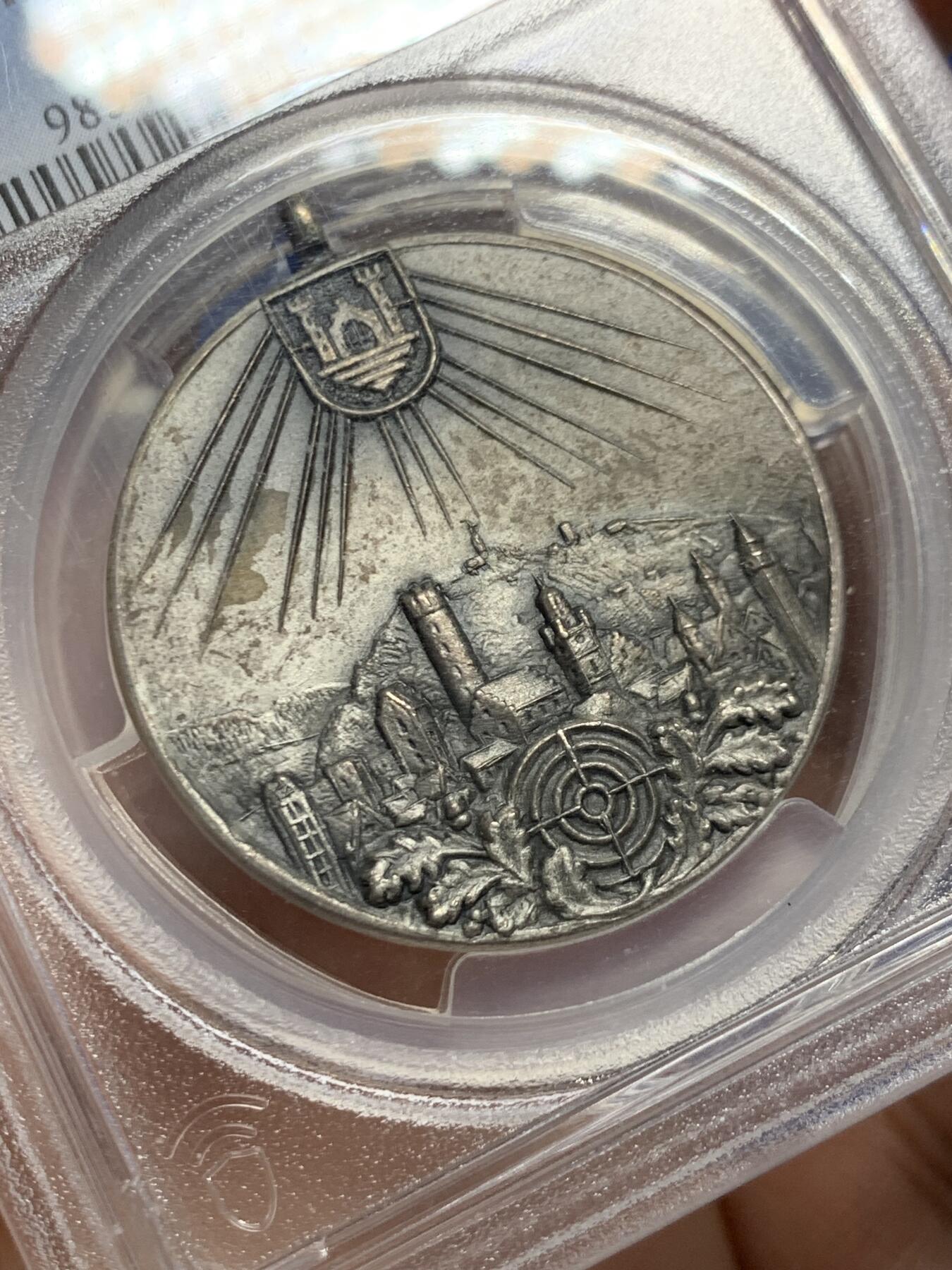 《竞宝斋》第446场 周日，周一，2场连拍 （全场包邮） PCGS MS63 德国 1930年魏玛共和国 拉文斯堡 射击节纪念银章 带银标 P加厚盒装 品种少见
